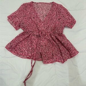 SHEIN Pink Floral Blouse with Tie Waist